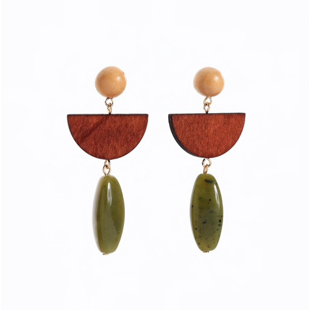 Wood Semi Circle Green Drop Earrings