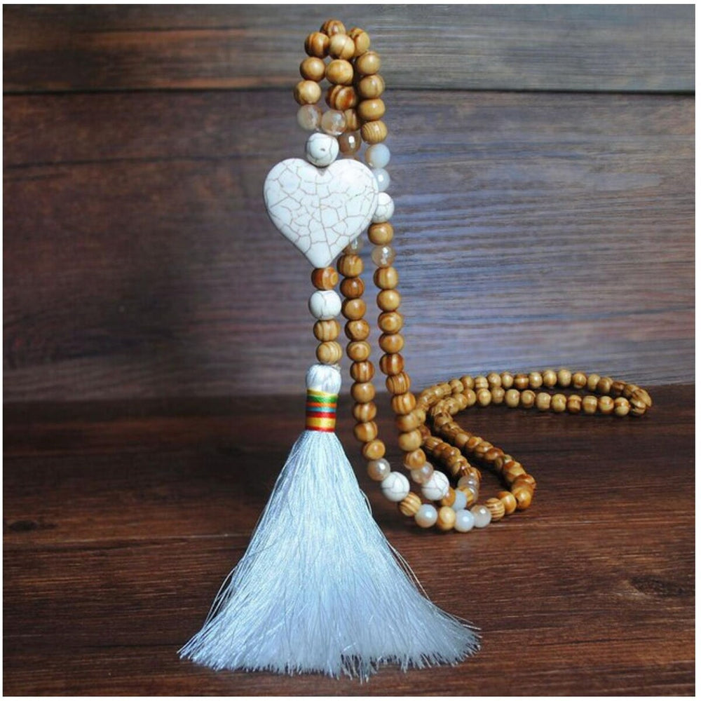 Wooden Beaded Tassel Long Necklace - White