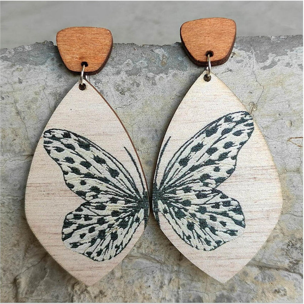 Wooden Black White Butterfly Drop Earrings