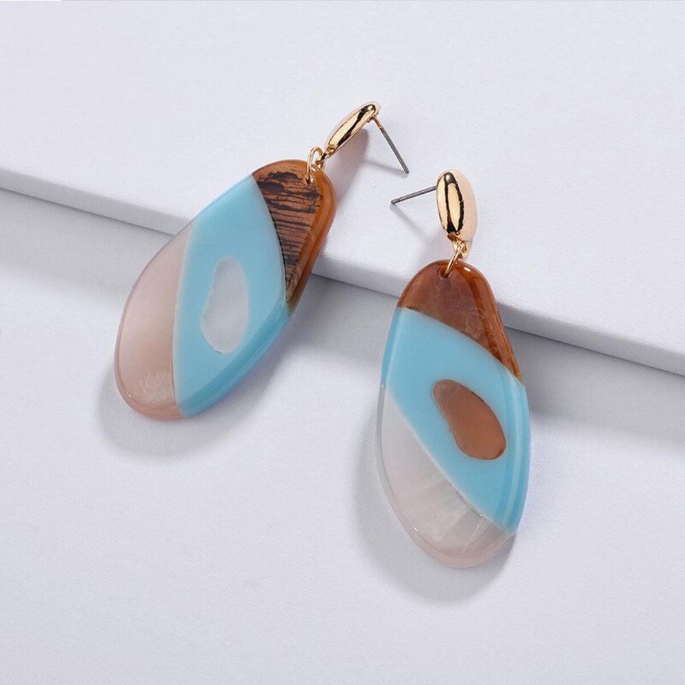 Wooden Blue Oval Drop Earrings