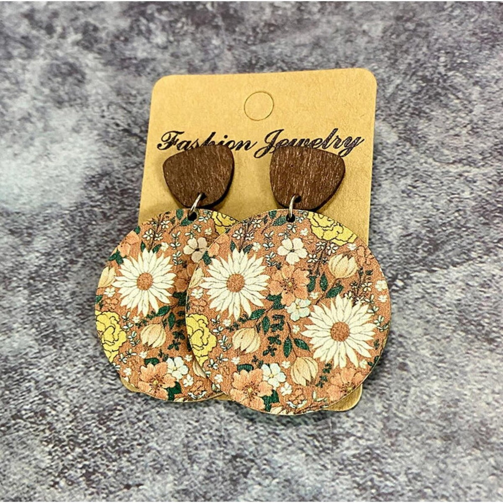 Wooden Circular Flower Drop Earrings