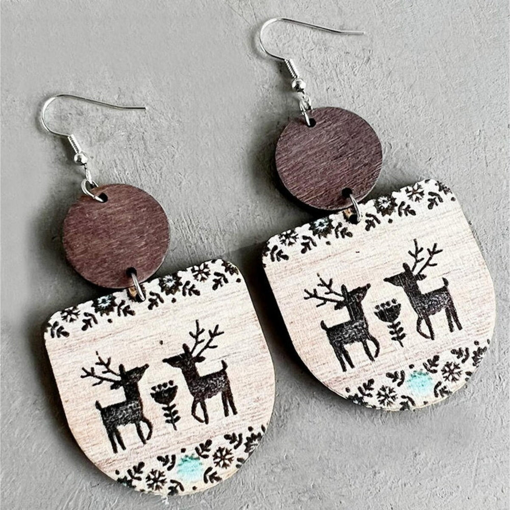 Wooden Floral Reindeer Drop Earrings