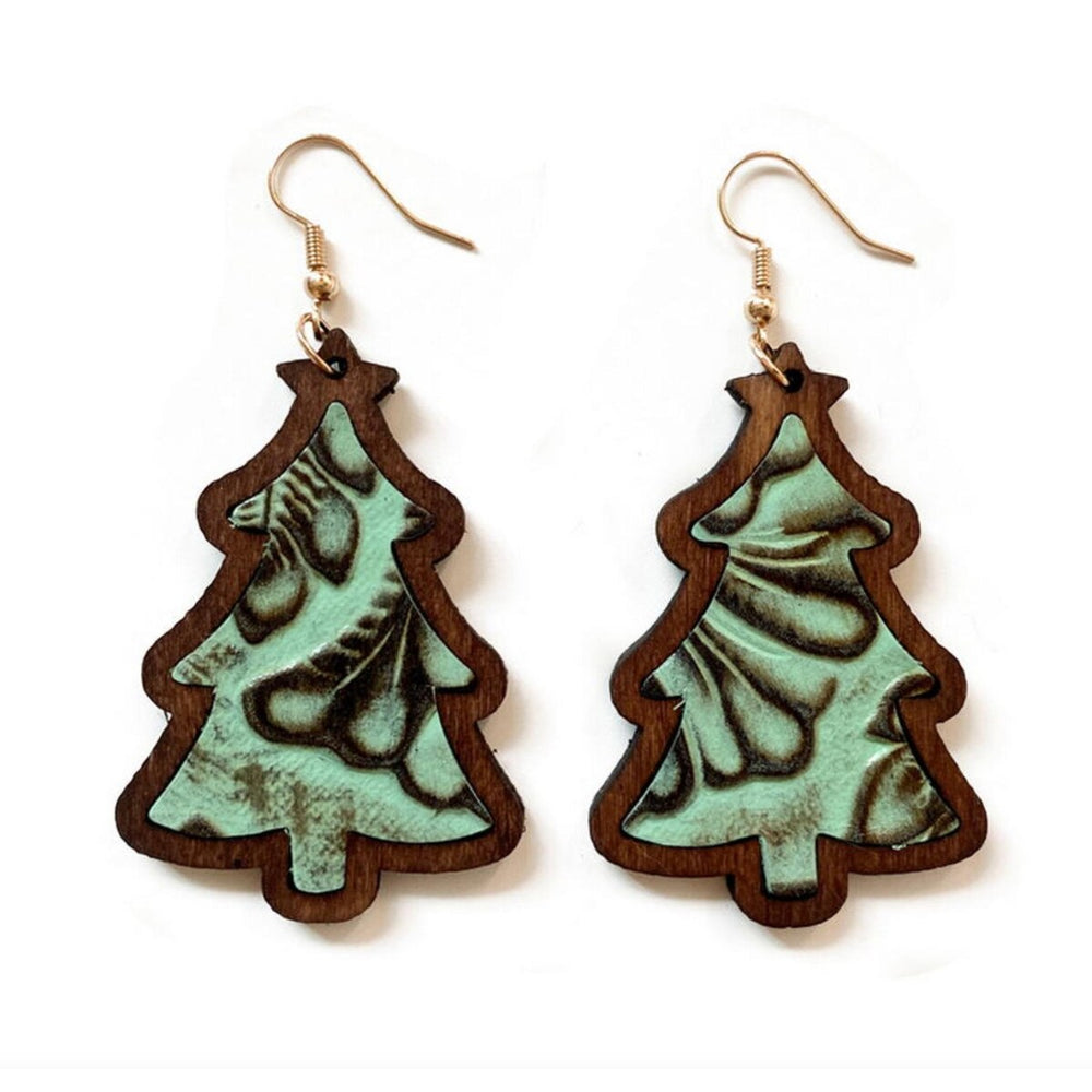 Wooden Green Christmas Tree Drop Earrings