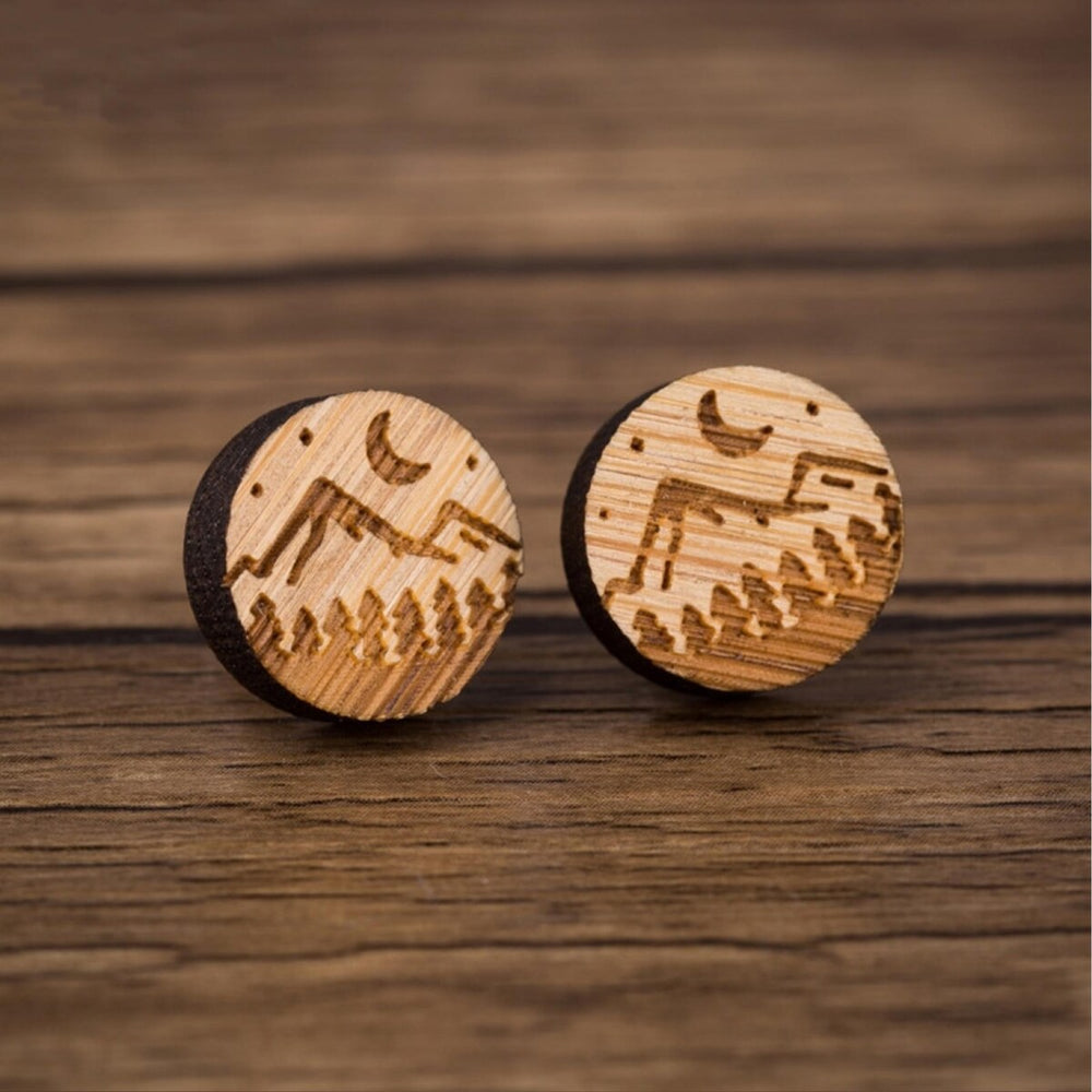 Wooden Mountain Range And Moon Stud Earrings