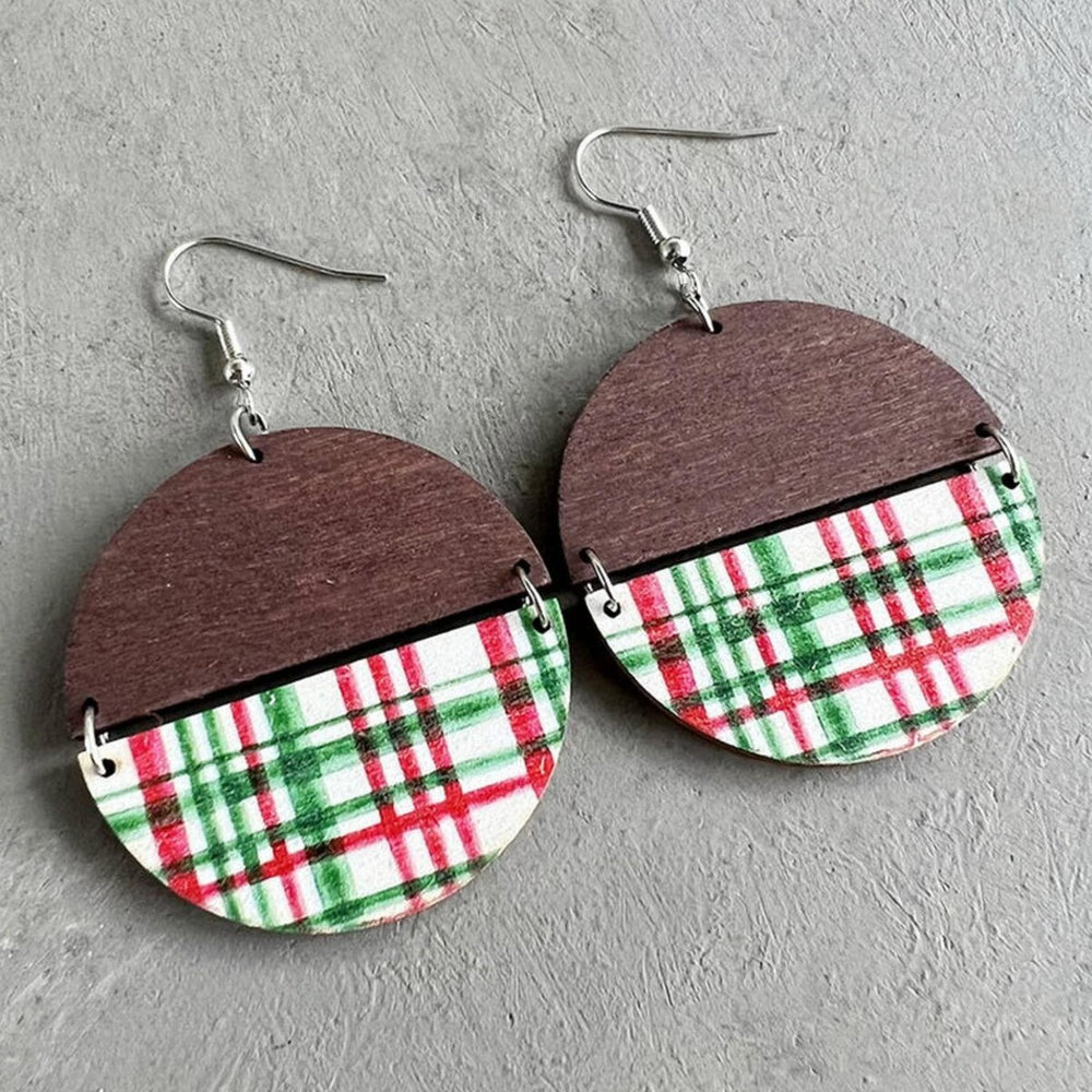 Wooden Red & Green Plaid Circular Drop Earrings