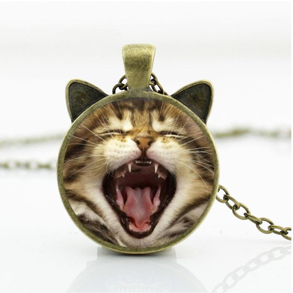 Yawning Brown Cat Pendant Necklace - White