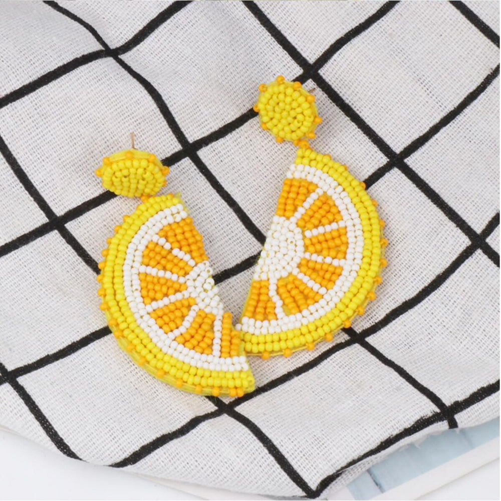 Yellow Beaded Lemon Wedge Earrings