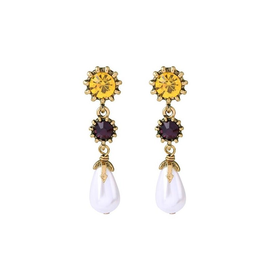 Yellow Black Crystal Imitation Pearl Drop Earrings