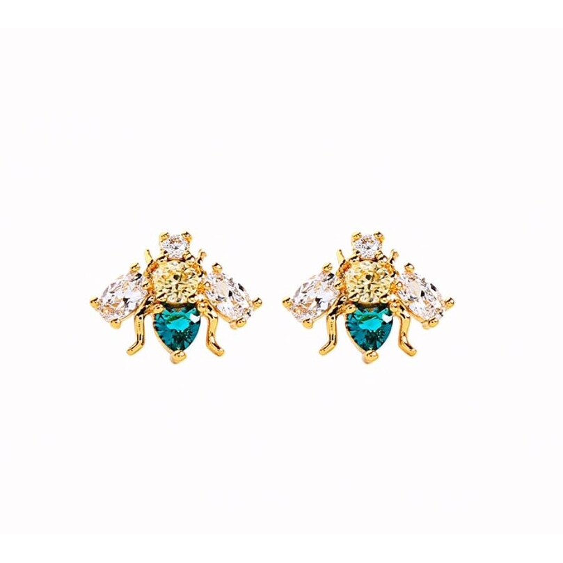 Yellow Green Crystal Bee Stud Earrings