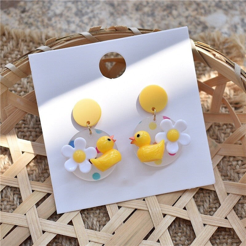 Yellow Rubber Duck Flower Transparent Earrings