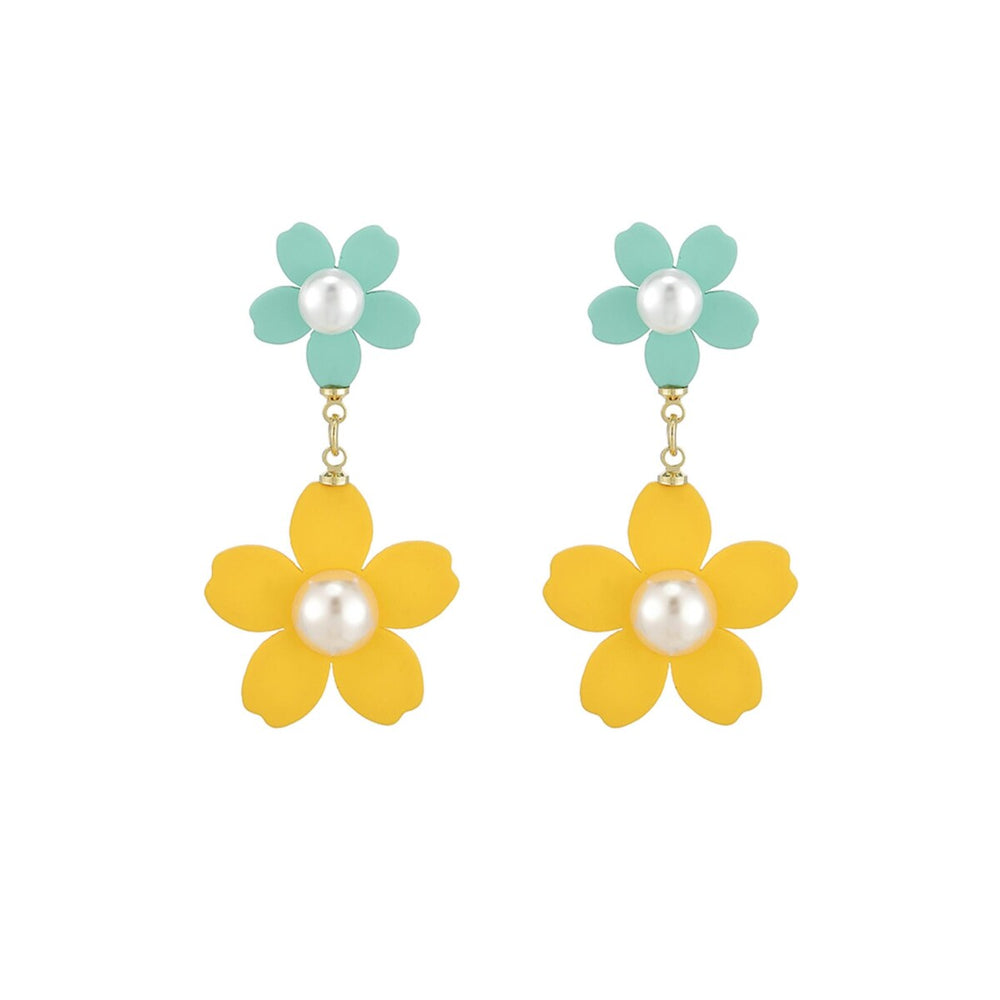 Yellow Teal Floral Drop Earrings